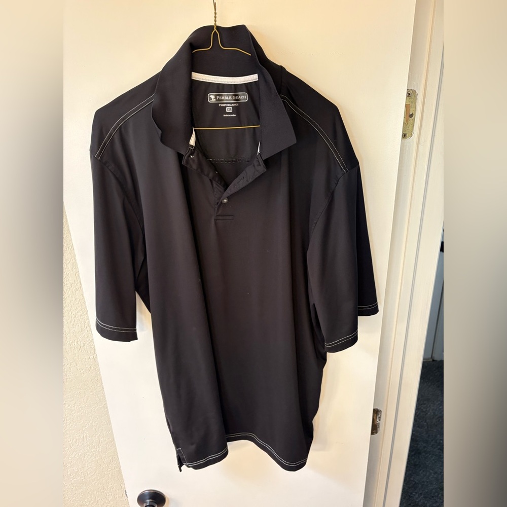 Pebble Beach Black Polo Shirt with White Stitching